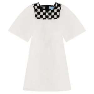 1300-White/Black-SQUARE CROCHET YOKE DRESS