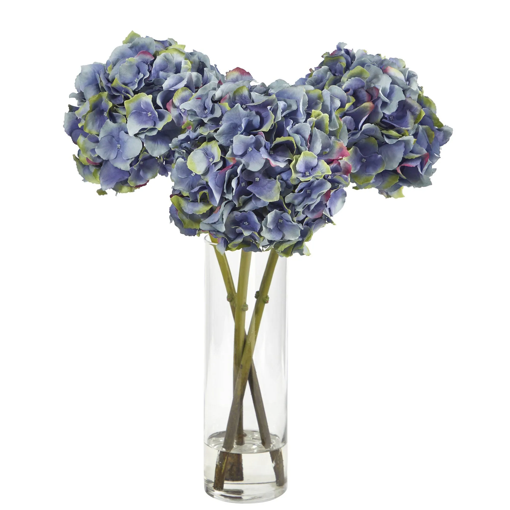 18” Blue Hydrangea Faux Flower Arrangement in Cylinder Glass Vase