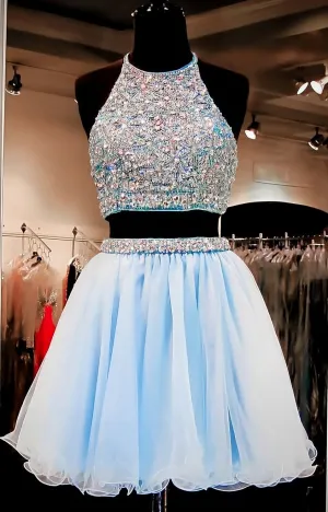 2025 Beautiful Short Two Pieces Light Sky Blue Halter Open Back For Teens Prom Dresses