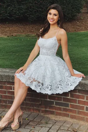 A Line Backless Lace White Homecoming Dresses Short Prom Dresses, White Lace Formal Dresses, Evening Dresses, Graduation Dresses