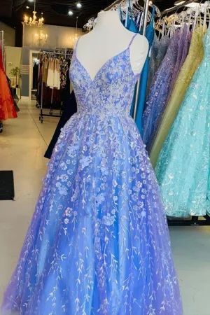 A Line Blue Lace Appliqued Long Formal Dress Prom Dresses