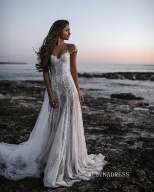 A-line Off-the-shoulder Beach Lace Wedding Dress Tulle Lace Long Bridal Dresses Crystal Wedding Dress ASK008