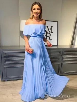 A-line Off-the-shoulder Light Sky Blue Long Prom Dresses Cheap Evening Dress MHL164