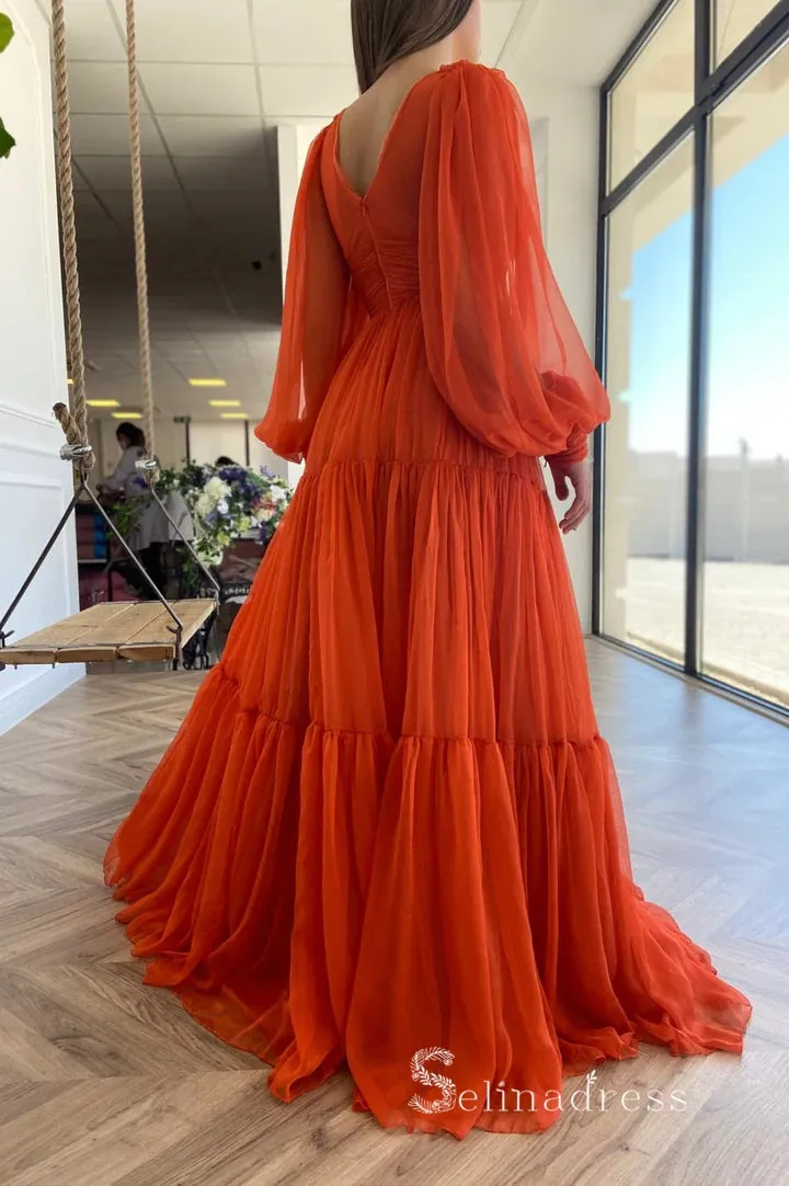 A-line Orange Chiffon V neck Long Prom Dress With Long Sleeve Cheap Evening Gowns POL013