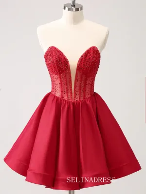 A-line Red Sweetheart Homecoming Dresses Beaded Hoco Dress Cocktail Dress #TKL2353