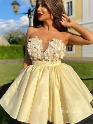 A-line Strapless 3D Floral Lace Short Homecoming Dress Yellow Prom Dress RYU049