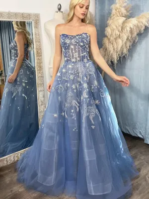 A-line Strapless Unique Blue Prom Dress Gorgeous Evening Gowns #QWE036