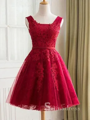 A-line Straps Red Lace Short Prom Dress Vintage Homecoming Dresses #MHL123