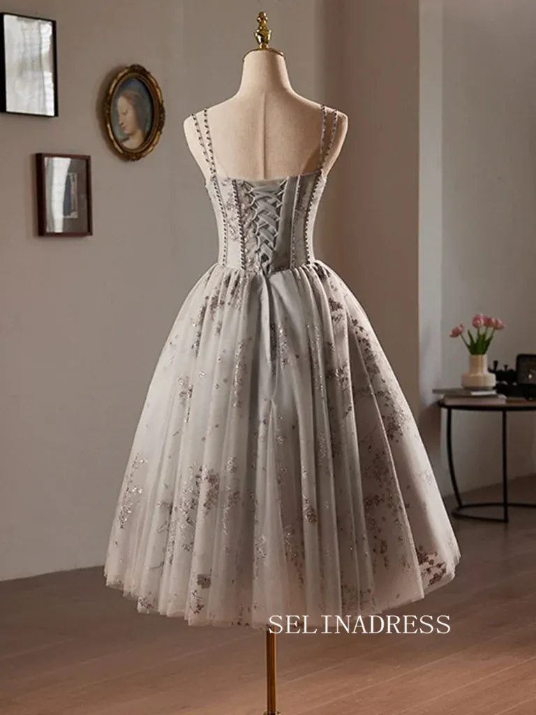 A-Line Sweetheart Neck Tulle Homecoming Dress Sequin Lace Gray Short Prom Dress #TKL2115