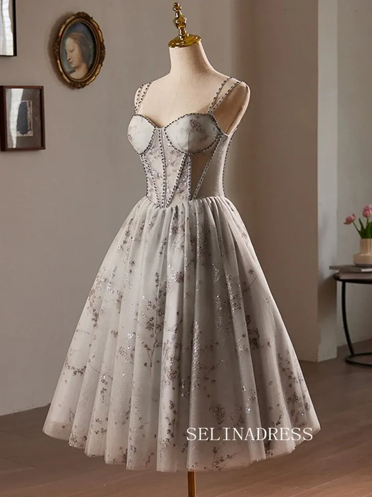 A-Line Sweetheart Neck Tulle Homecoming Dress Sequin Lace Gray Short Prom Dress #TKL2115