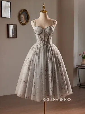 A-Line Sweetheart Neck Tulle Homecoming Dress Sequin Lace Gray Short Prom Dress #TKL2115