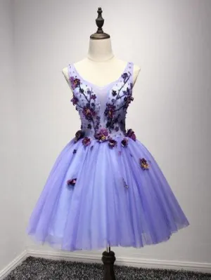 A-line V neck 3D Floral Short Prom Dress Lavender Homecoming Dress kts081