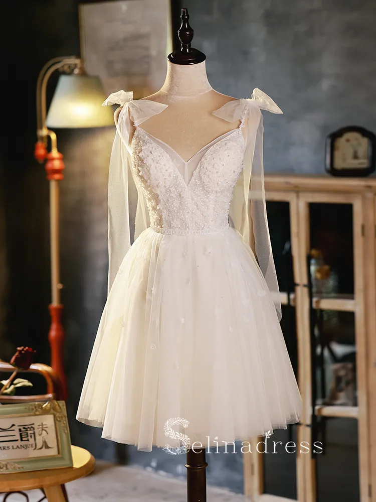 A-line White Spaghetti Straps Cute Short Homecoming Dress Summer Outfits THL002