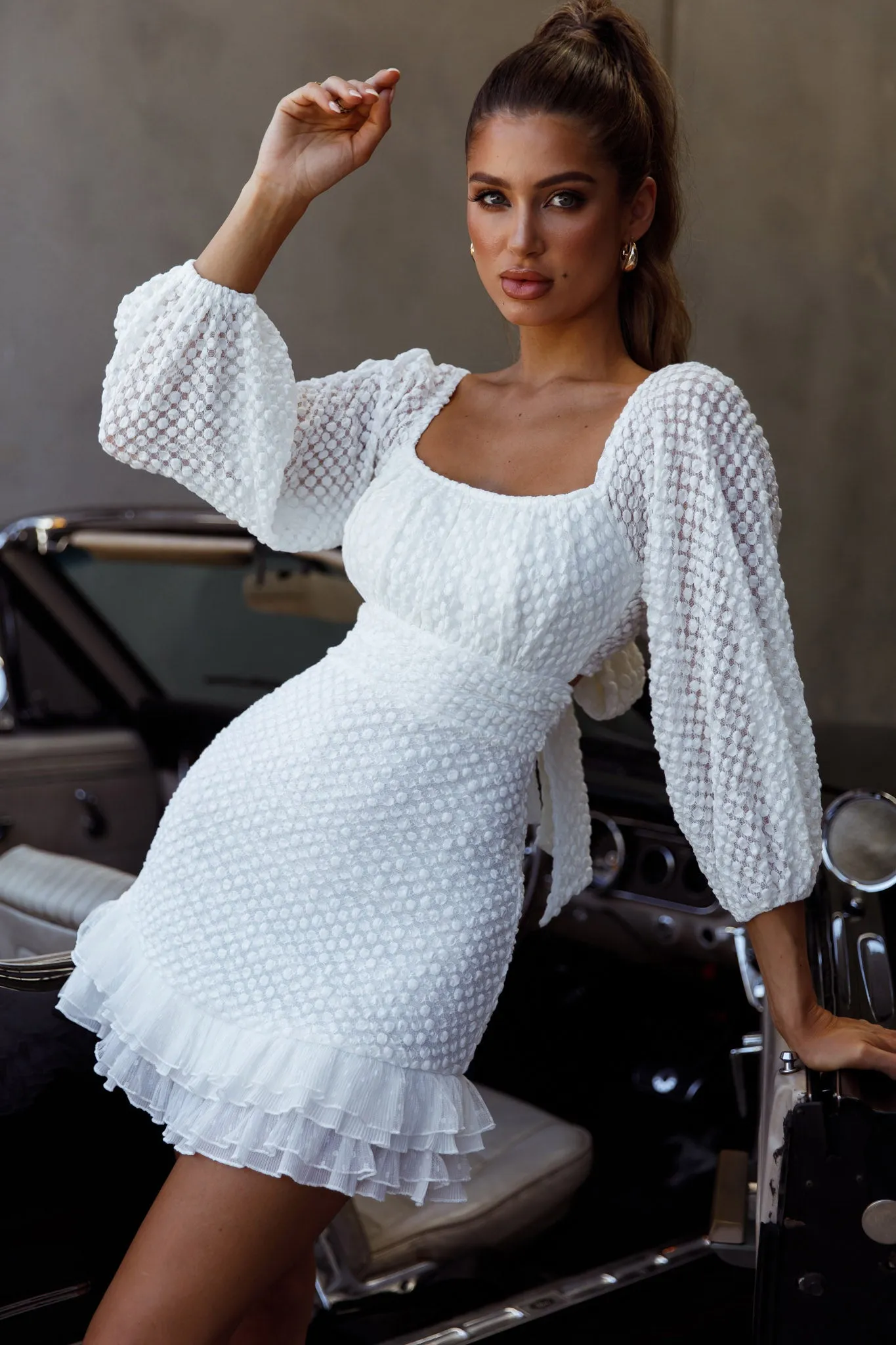 Abby Frill Hem Lace Dress White