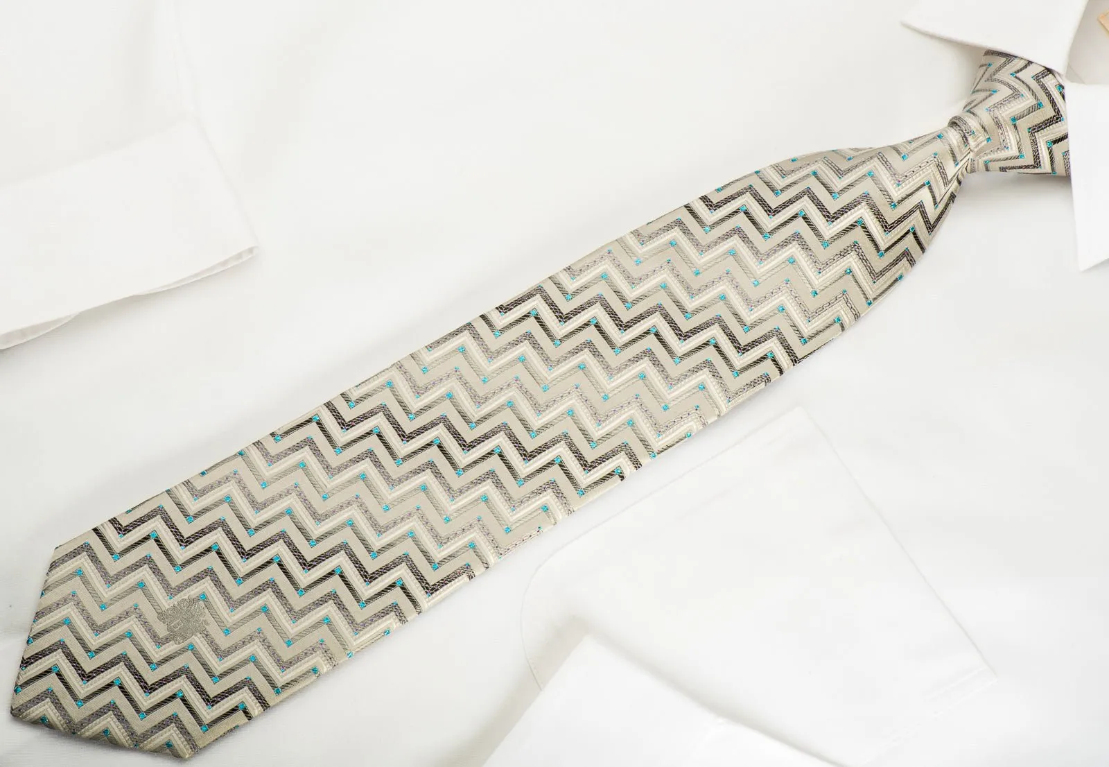 Aquascutum Silk Necktie Silver Chevron With Sparkles