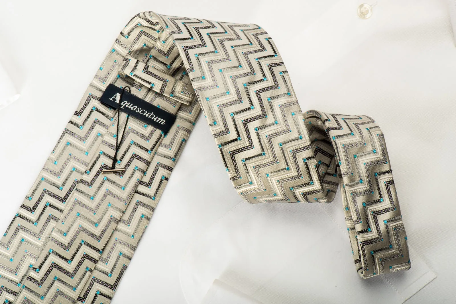 Aquascutum Silk Necktie Silver Chevron With Sparkles