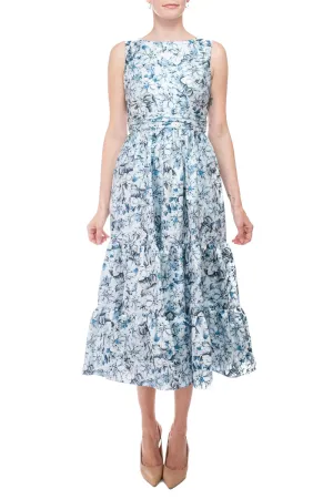 Badgley Mischka bateau neck sleeveless cutout back ruffled hem A-line floral print jacquard dress