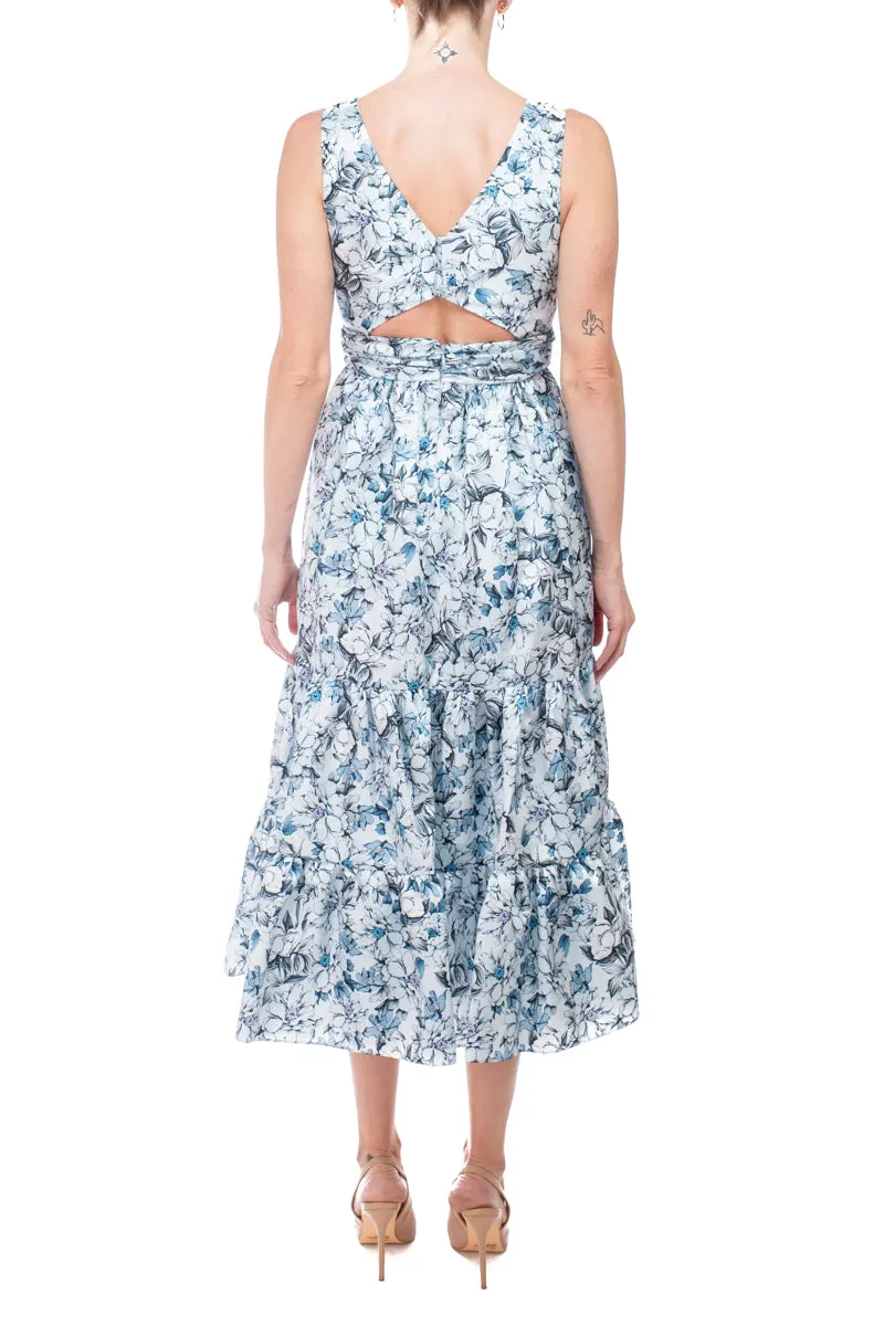 Badgley Mischka bateau neck sleeveless cutout back ruffled hem A-line floral print jacquard dress