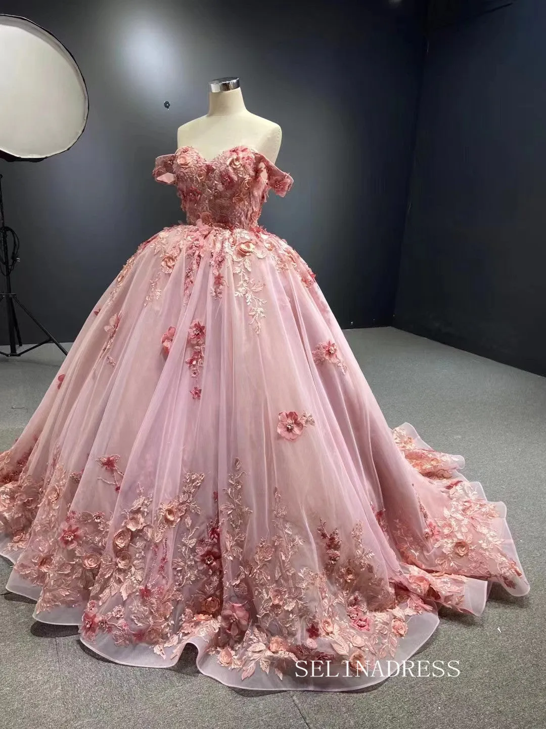 Ball Gown Off-the-shoulder Pink Luxury Prom Dress 3D Floral Quincess Evening Gowns RSM67469