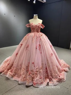 Ball Gown Off-the-shoulder Pink Luxury Prom Dress 3D Floral Quincess Evening Gowns RSM67469