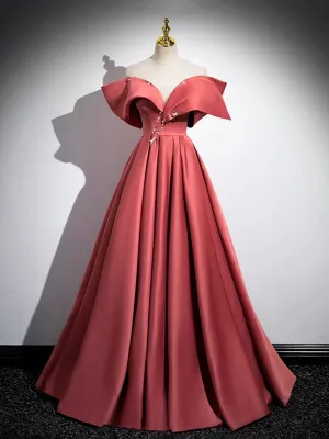 Beautiful Satin Off Shoulder Long Party Dress A-Line Pearl Floor Length Prom Dress