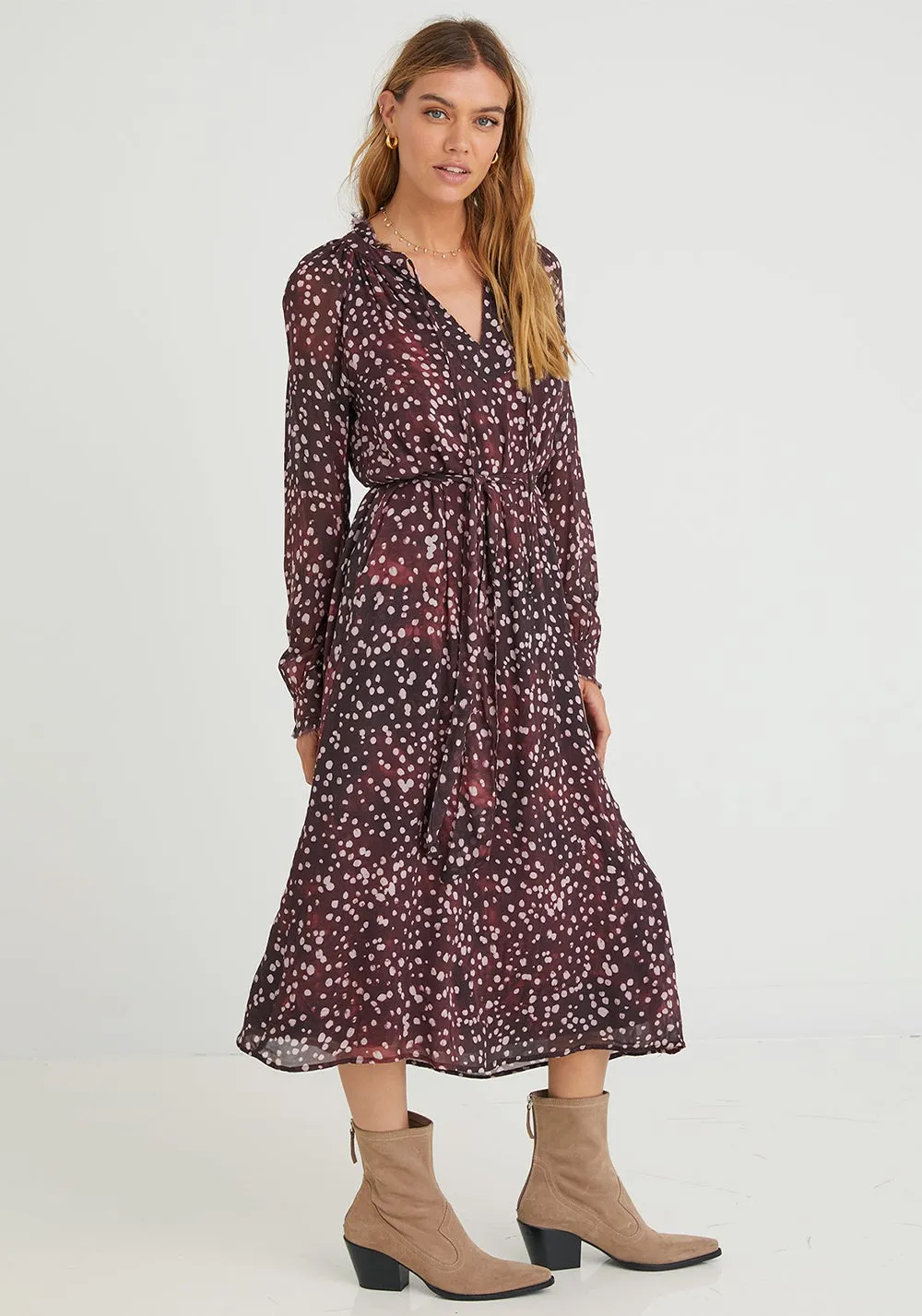 Bella Dahl - Long Sleeve Ruffle Midi Dress - Wine Dot Print