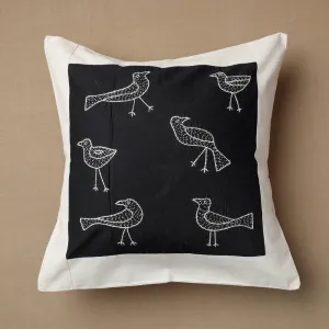 Black - Bakhiya Tanka Embroidered Cotton Cushion Cover (16 x 16 in)