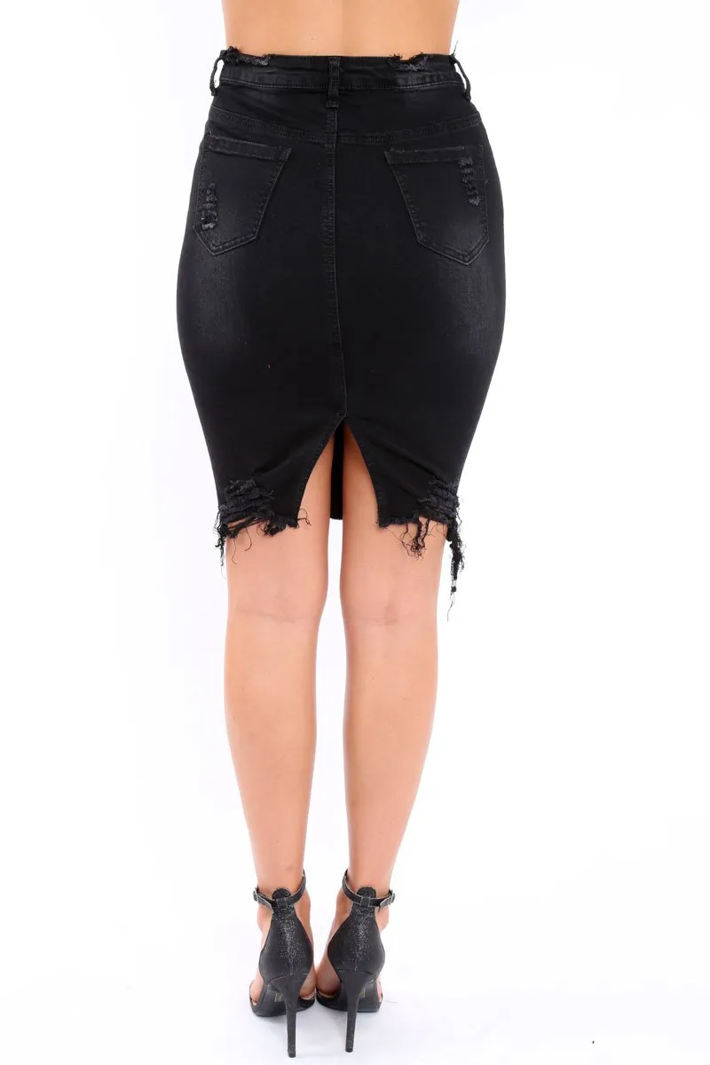 Black Denim Distressed Midi Skirt - Lea