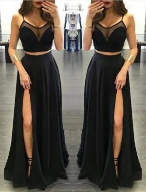 Black Slit Front Sexy Long Spaghetti Straps Dreses Prom Dresses