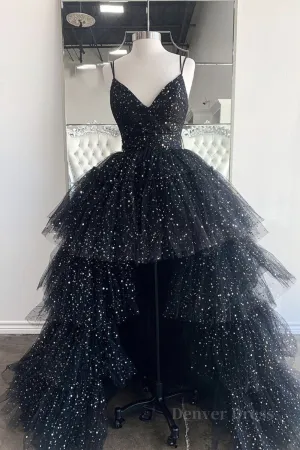 Bling Bling V Neck High Low Black Long Prom Dresses Fluffy Black Formal Evening Dresses Ball Gown