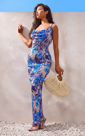 Blue Floral Print Plisse Strappy Maxi Dress