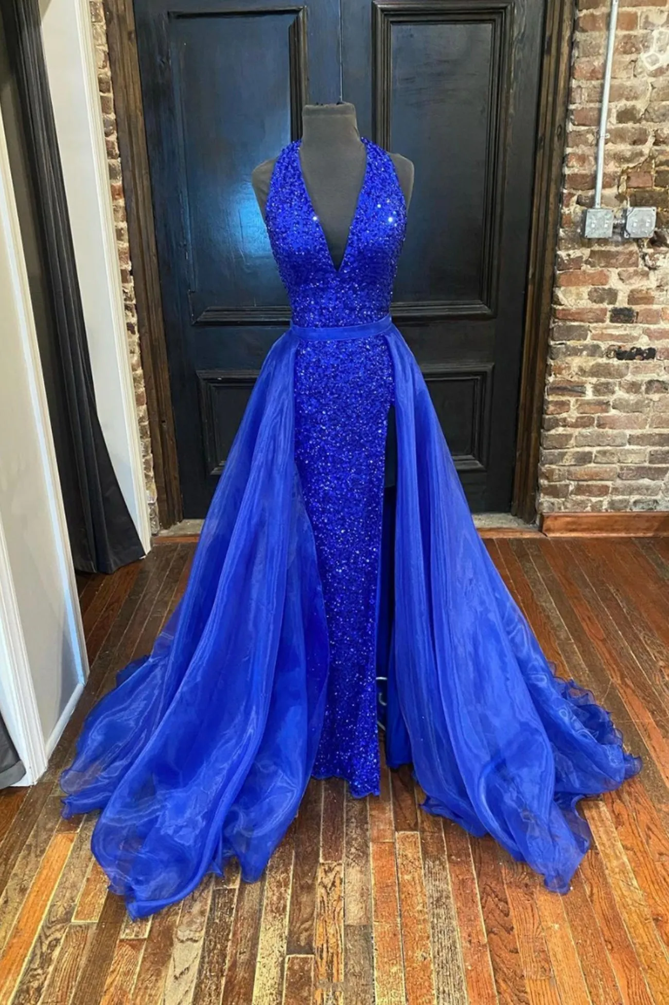 Blue V-Neck Sequins Long Prom Dresses Blue Formal Evening Dresses