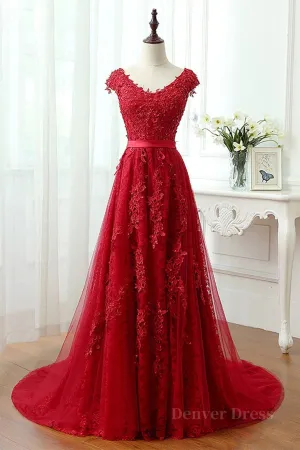 Burgundy Lace Prom Dresses with Train Wine Red Lace Formal Evening Dresses