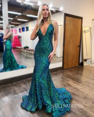 Charming Dark Green V neck Sparkly Sequins Mermaid Prom Dress lpk559