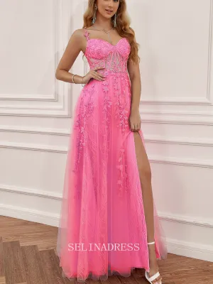 Chic A-Line Spaghetti Straps Hot Pink Applique Lace Prom Dress Elegant Party Dress #LOP001