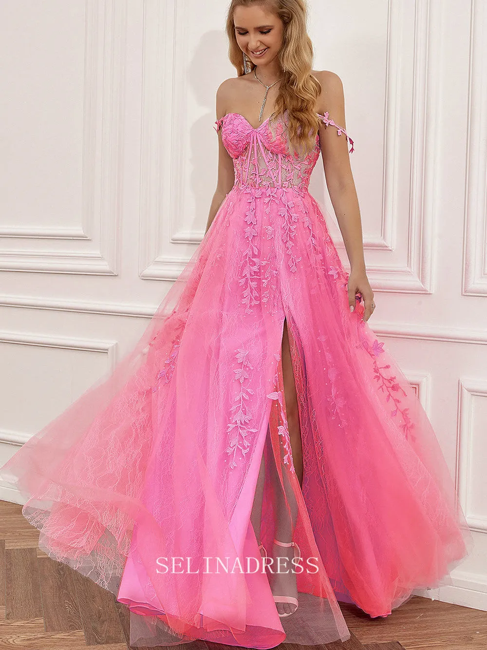 Chic A-Line Spaghetti Straps Hot Pink Applique Lace Prom Dress Elegant Party Dress #LOP001