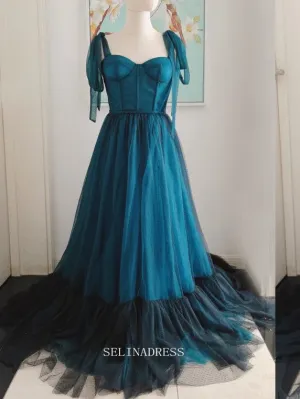 Chic A-line Strps Teal Tulle Long Prom Dresses Cheap Bridesmaid Dress Long Formal Dress OSTY046