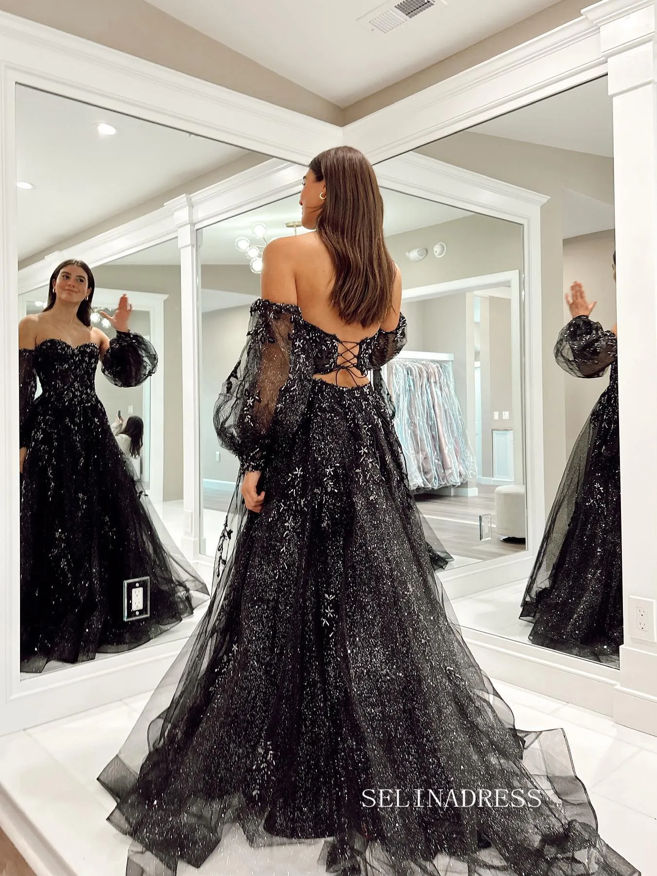 Chic A-line Sweetheart Black Long Prom Dress Long Sleeve Elegant Evening Party Dress #JKSS614