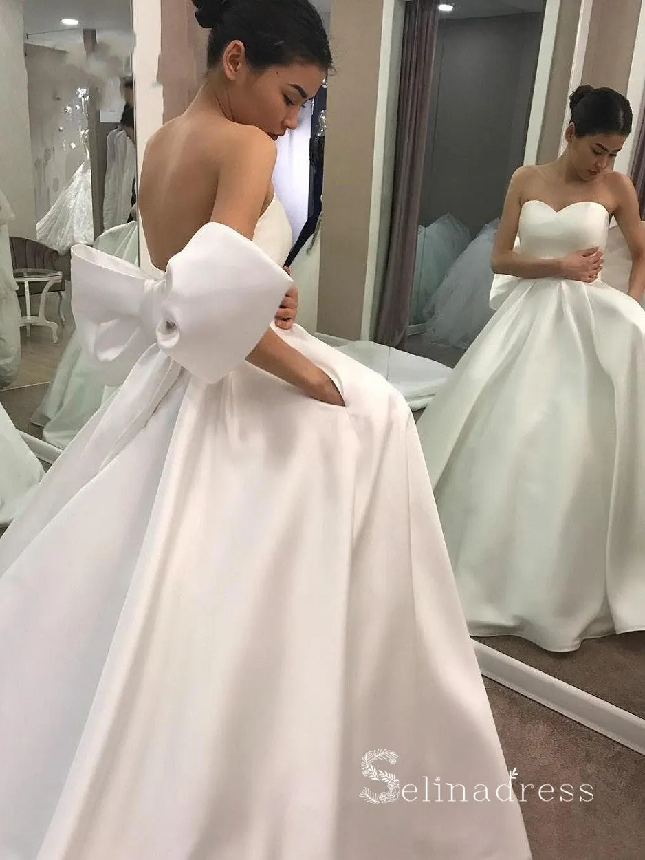 Chic A-line Sweetheart White Wedding Dresses With Big Bow Satin Bridal Gowns CBD418