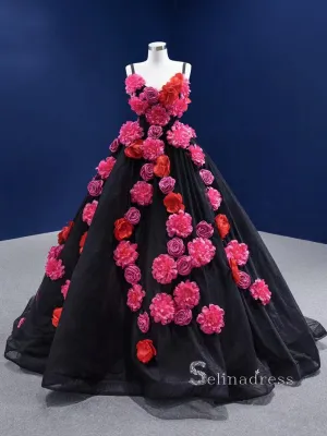 Chic Ball Gown luxury Princess Prom Dress With Hand Made Flower Black Long Evening Gowns MLSD003