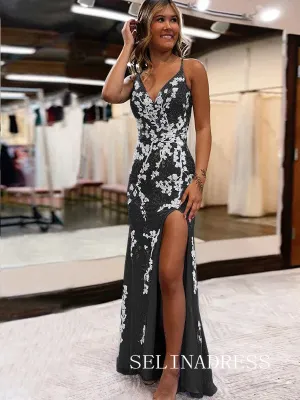 Chic Mermaid Black Applique Long Prom Dresses Evening Dress With Slit JKL3005