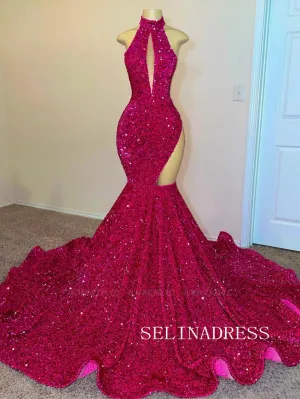 Chic Mermaid High Neck African Prom Dresses Fuchsia Sequins Long Evening Dress TKH007