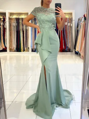 Chic Mermaid Mint Green Beaded Long Prom Dresses Short Sleeve Evening Dresses MLH1216