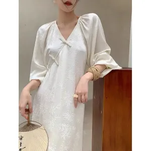 Chinese Style V Neck Lantern Sleeved Midi Dress for Spring and Summer Casual Wear