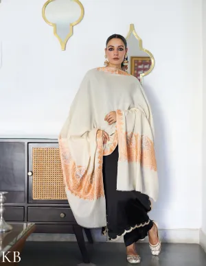 Cream Handwoven Tilla Embroidered Palladaar Pashmina Shawl