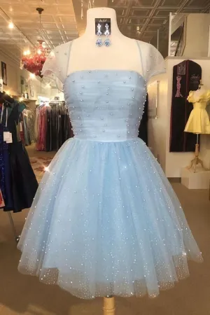 Cute Light Sky Blue Homecoming Dresses With Cap Sleeves