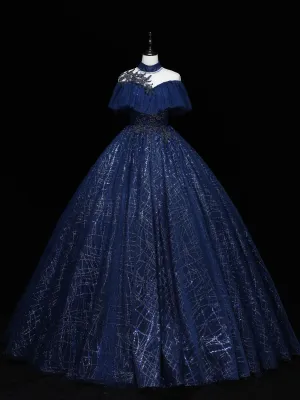 Dark Blue Long Prom Dress Blue Tulle Formal Gown Graduation Dresses