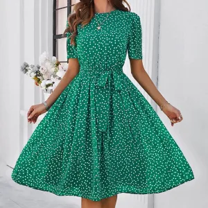 Dot Printed Pleated High Waist Chic Short Sleeve Casual Fashion Dress