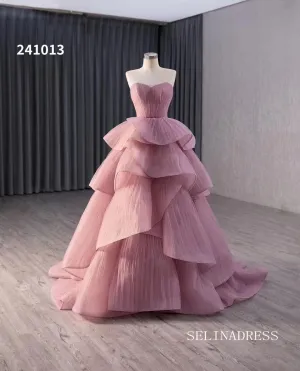 Dusty Rose Beaded Tiered Ruched Wedding Dress Sweetheart Quinceanera Dress 241013