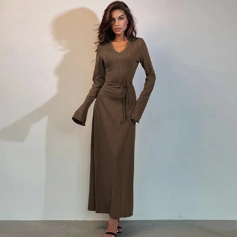 Elegant Ribbed Knitted Tie-detailed Maxi Dress for Autumn Birthday Club Outfits